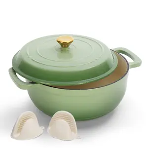 5QT Enameled Cast Iron Dutch Oven Pot with Lid and Silicone Gloves, Gradient Green Heavy Duty Cooking Pot for Baking Braising Stews Soup Roasting for Home Chefs Families