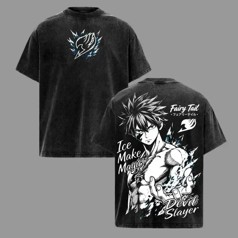 Men's Fairy Tail Graphic Menswear T-Shirt - Vintage Washed Heavyweight Cotton Baggy Round Neck Short-Sleeve Top, Anime Fan Signal, Retro Vibe, Pre-Washed Soft, Streetwear, 3XL, Free Expedited Shipping, Loose