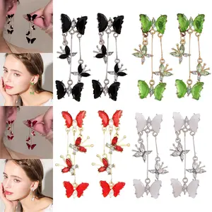 4 Pairs Long CZ Butterfly Tassel Drop Dangle Earrings for Women Gold-Toned Crystal Rhinestone Animal Insect Dangling Studs Earring Fashion Wedding Valentine's Day Jewelry Gift