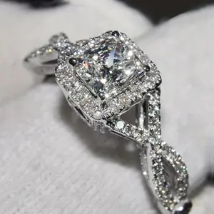 Luxury Cushion Cut Twisted Band CZ Ring for Women | Cross Geometric Stackable Engagement Statement Jewelry