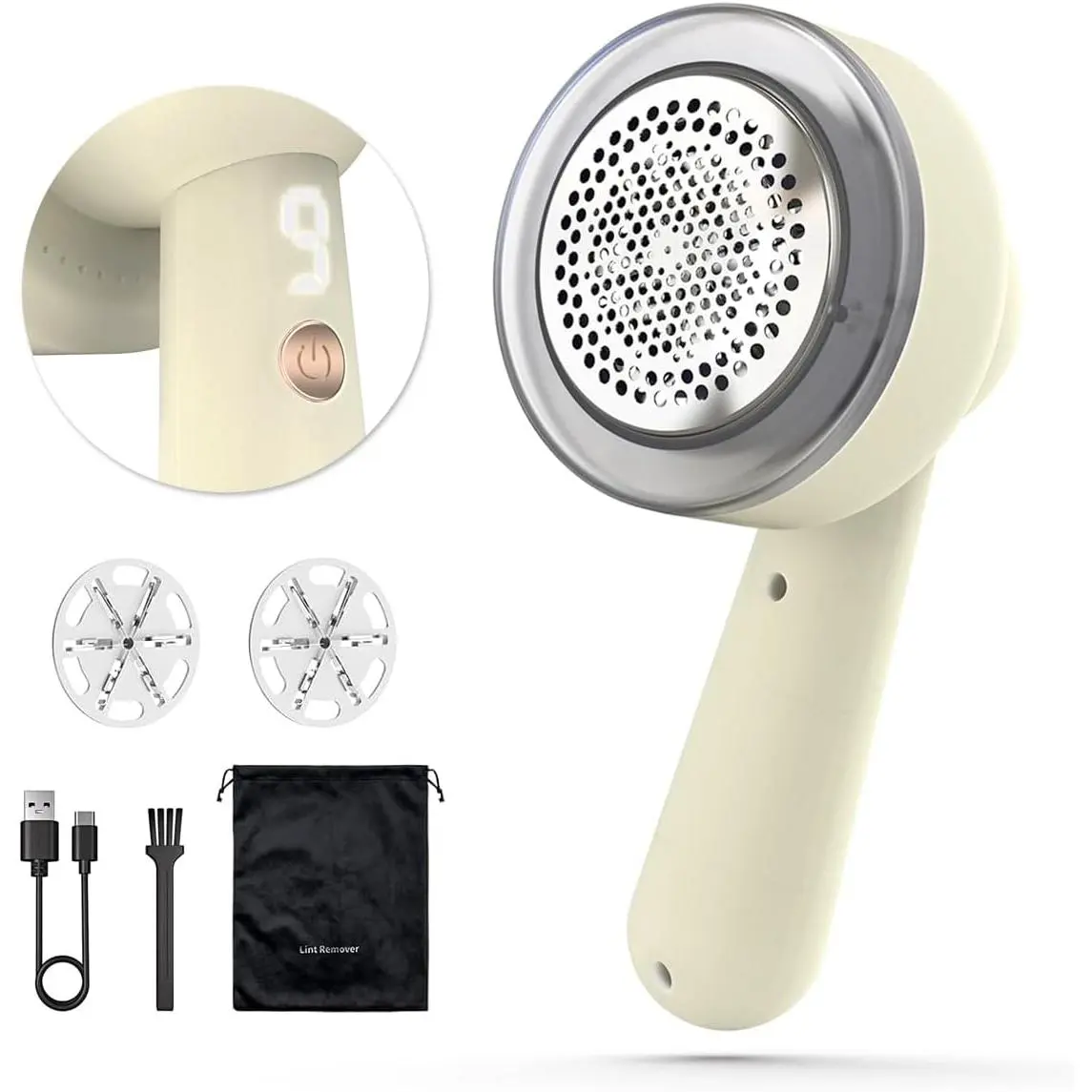 Fabric Shaver Lint Remover Rechargeable, Clothes Shaver  Remover with 6-Leaf  LED Digital Display 3-Gears Adjustable for Clothing Couch Furniture, Cream White