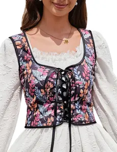 Clearance Sale! Floral Print Lace-Up Corset Top, Retro Tie Back Square Neck Sleeveless Bustier Vest