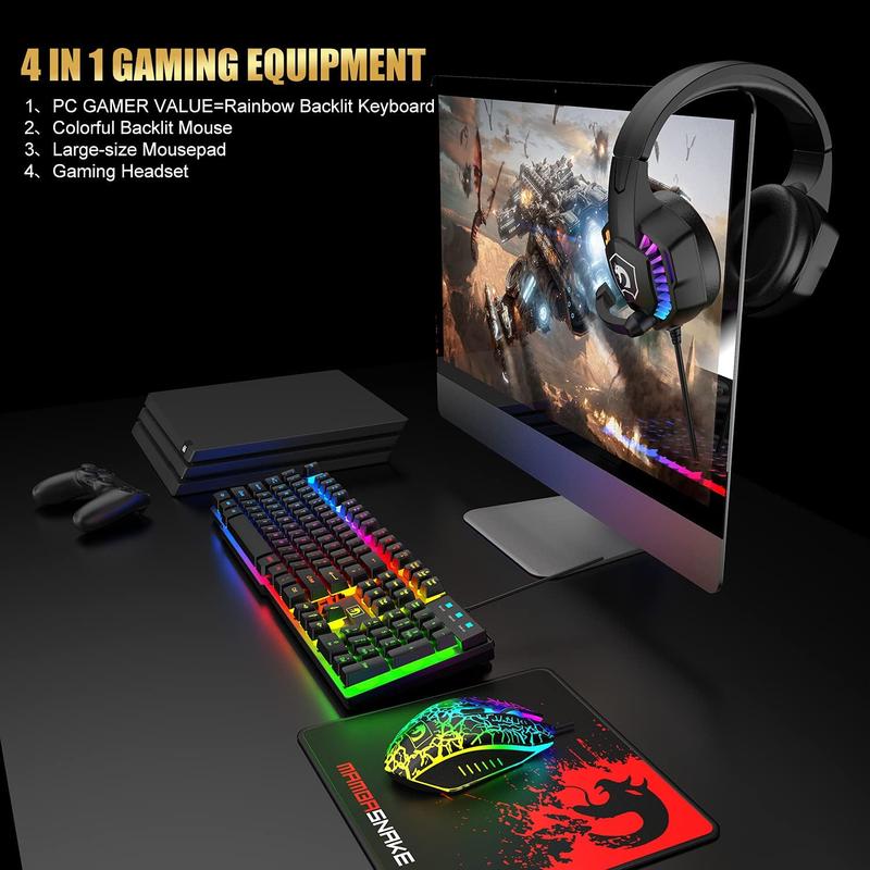 ZIYOU LANG x 	MANBASNAKE Wired Gaming Keyboard and Mouse Headset Combo,Rainbow LED Backlit Wired Keyboard,Over Ear Headphone with Mic,Rainbow Backlit Gaming Mice,Mouse Pad,for PC,Laptop,Mac,PS4,Xbox wired mechanical keyboard boyfriend gift black friday