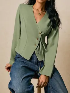 Women's New European Style French Fashion Asymmetrical Fitted Tie Top, Elegant Casual Long Sleeve Blouse, Shirts, Perfect for Daily Wear and Special Occasions