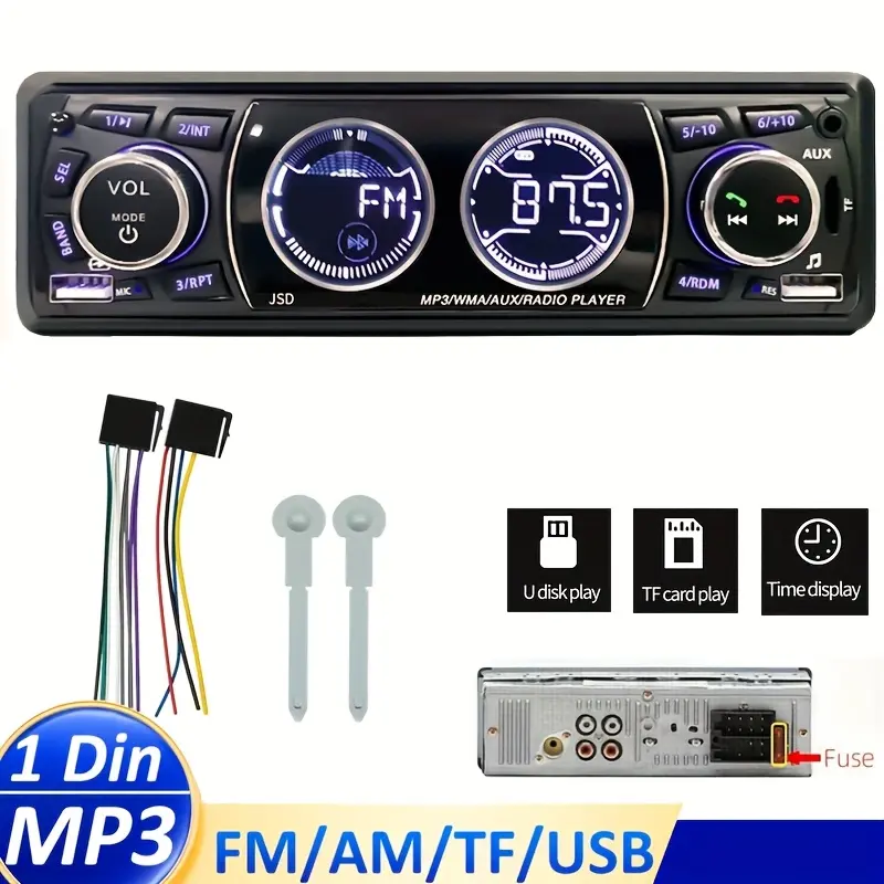 1 Din Car Audio System with Digital MP3 Player, FM Radio, Remote Control, AUX/USB/TF Card, And In-Dash Kit for 12V Vehicles, Without Battery