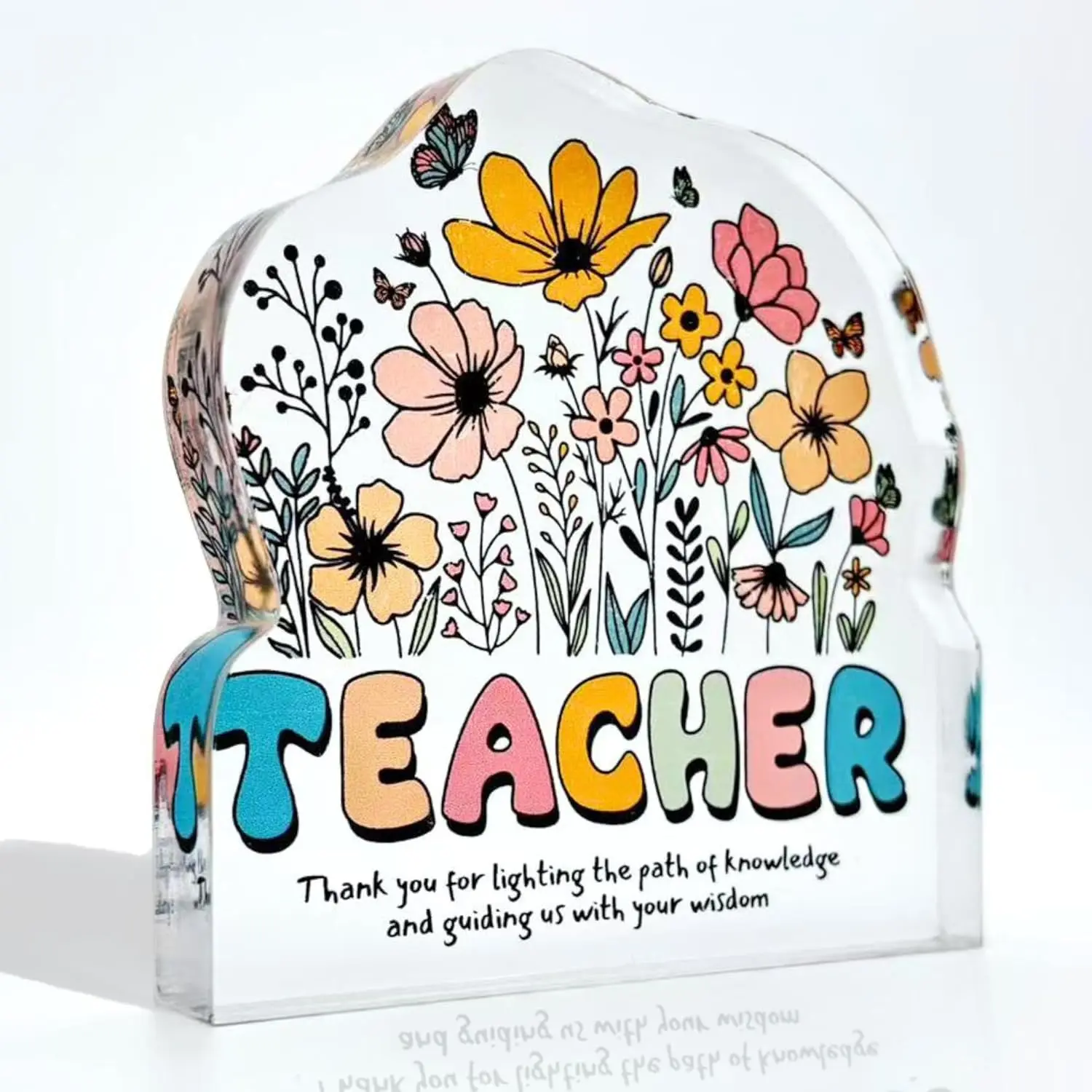 Flower & Letter Pattern Clear Acrylic Ornament, 1 Count Teacher Appreciation Gift, Pocket Size Teacher Appreciation Decoration, Office Desk Decor, Home Office Decor, Acrylic Plaque