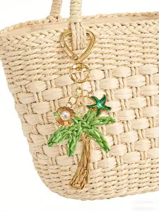 Handmade straw woven coconut tree pendant, with shell and starfish elements - Bohemian vacation style. Woven rattan pendant, ocean alloy pendant, Hawaiian style. Suitable for backpacks.