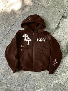 Men's 'Extremi Cross' Zip-Up Dark Romance Hoodie | Oversized Fit, Gothic Cross & Spark Print | Trendy Streetwear Essential | Perfect for Urban Style & Dark Faith-Inspired Fashion Enthusiasts | Fleece-Lined, Vintage Gothic Aesthetic