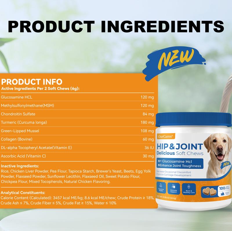 OurCares  Generation 2 Hip and Joint for Dogs Glucosamine for Dogs Hip and Joint Supplement with Chondroitin MSM Vitamins C & E - Chicken Flavor 120 Soft Chews Pet Daily Chews Snacks