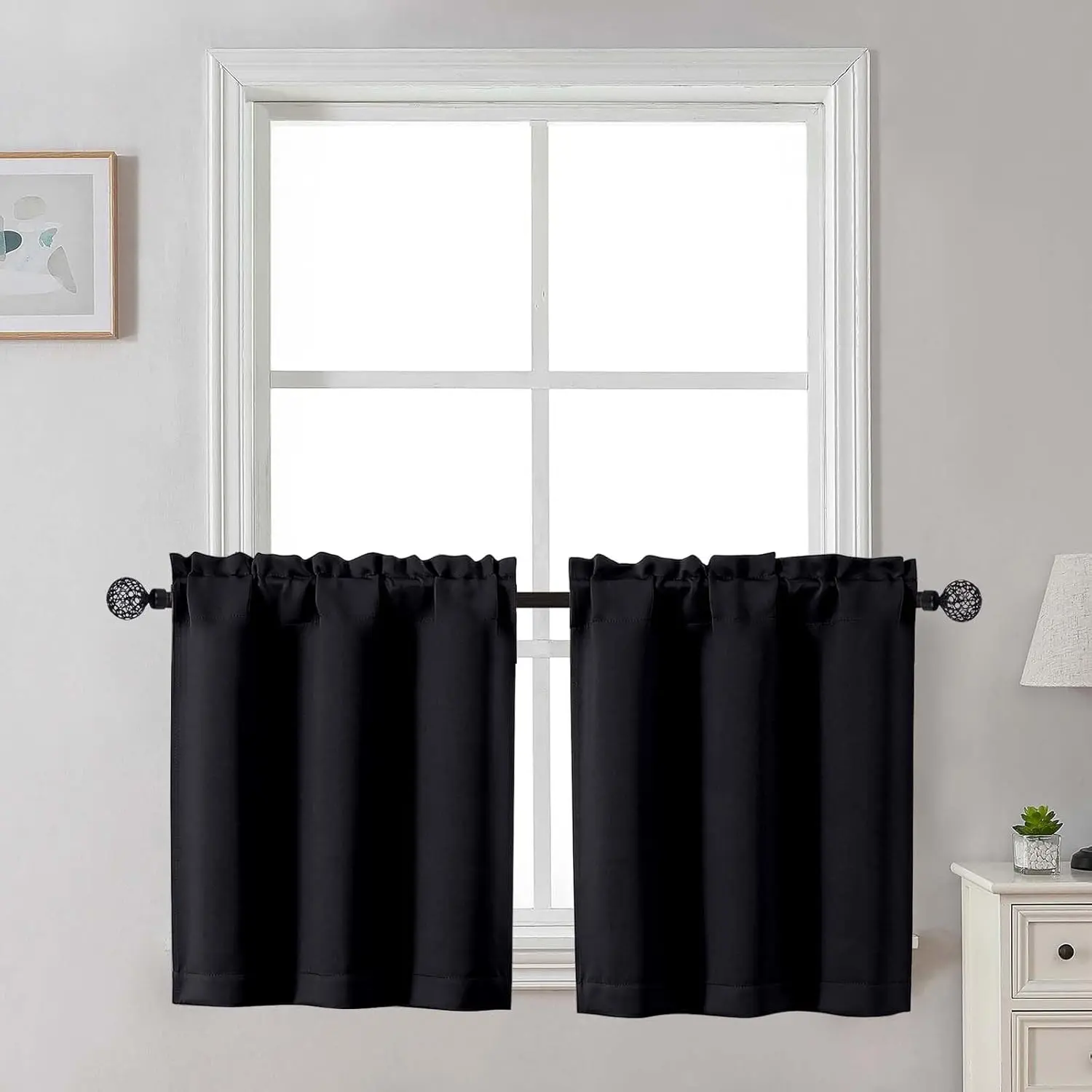 24 Inch Long Tier Curtains for Small Window, Short Blackout Kitchen Curtains Over Sink, Half Window Drapes for Bedroom Bathroom Basement, 2 PCS, Each 30" Wx24 L, Black