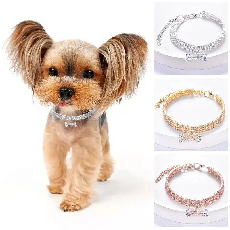 Dog & Cat Multi-Size Adjustable Collar with Crystal Rhinestone Bone Pendant, 8.5cm Extended Copper Alloy Chain, Skin Protection Comfortable Scale - Environmentally Friendly, Easy-to-Wear Luxury Dress-Up Pet Accessory with Back Hole