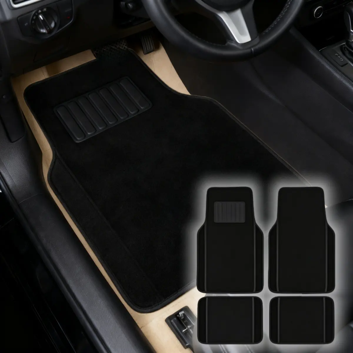 4pcs Heavy Duty Car Floor Liners - Carpet PVC & Flocking Front and Rear Set Non-Slip Mats, Anti Mud, Waterproof Universal, All-Weather for Trucks SUVs Vans, Easy to Clean, Protects Original Carpet, Car Interior Accessories