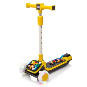 3-Wheel Kids Triangular Scooter with Flashing PU Wheels, 5-Height Adjustable Aluminum Tube Handlebar, Building Blocks & Compatible Bricks Parts, Music & Lights, ASTM Certified for Ages 3-9, Triangular Wheel