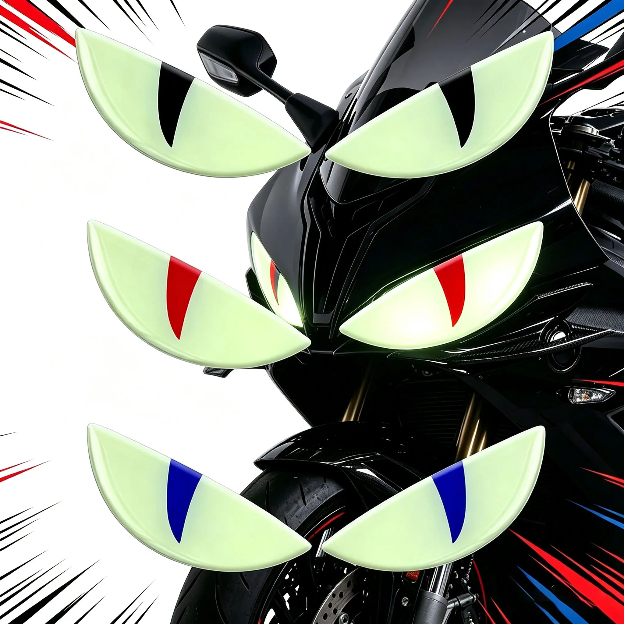 Motorcycle Headlight Cat Eye Decal Stickers, Luminous Demon Eyes Headlamp Decorative Stickers, Self-Adhesive Glow In Dark Head Light Eye Decals for Sport Bike Fairing Modification, 3 Colors Available