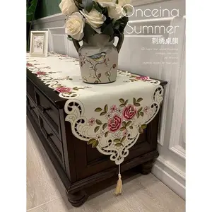 1pc Embroidered Floral Table Runner, Farmhouse Style Polyester Embroidered Hollow-Out Dust Cover, Suitable For Cabinet, Dining Table, Coffee Table, Home Decor And Weddings, Parties, Holidays