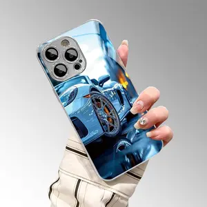 1PC Cool Silver Sports Car Reflection Pattern Silver Electroplated HD Glass Phone Case for iPhone 17 Pro Max 16 11 15 14 13 12 Pro Max Plus, fashionable protective case, high-end luxury glass case, suitable as a gift for friends and couples