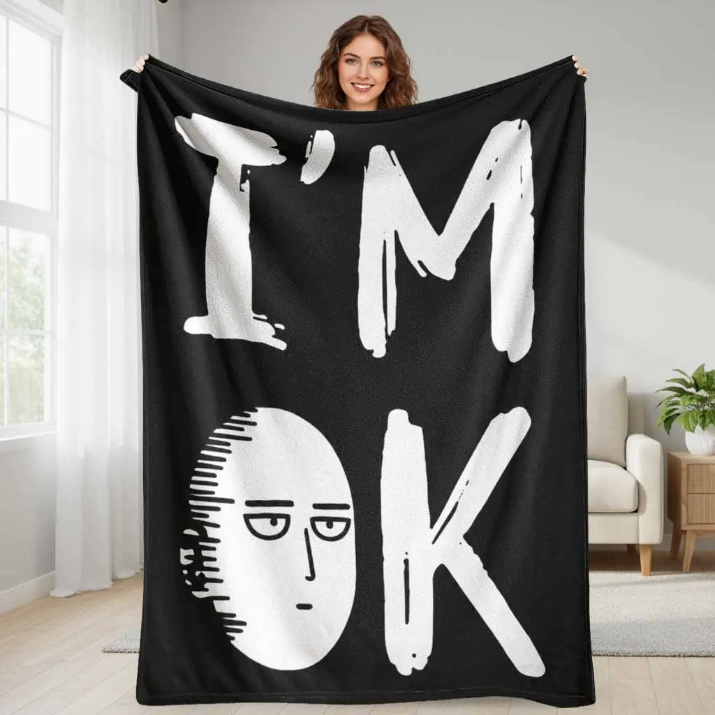 Anime Hero Flannel Fleece Blanket featuring I am OK funny typography print ultra soft plush lightweight warm throw for bedroom living room sofa nap office travel camping gift