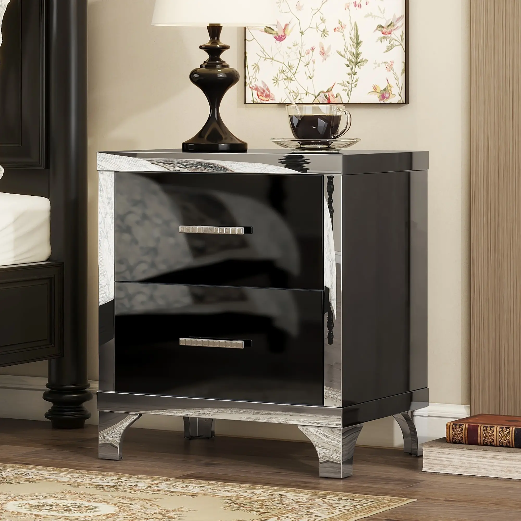 Elegant High Gloss Nightstand with Metal Handle,Mirrored Bedside Table with 2 Drawers for Bedroom,Living Room,Black,Sturdy Construction Easy Assembly