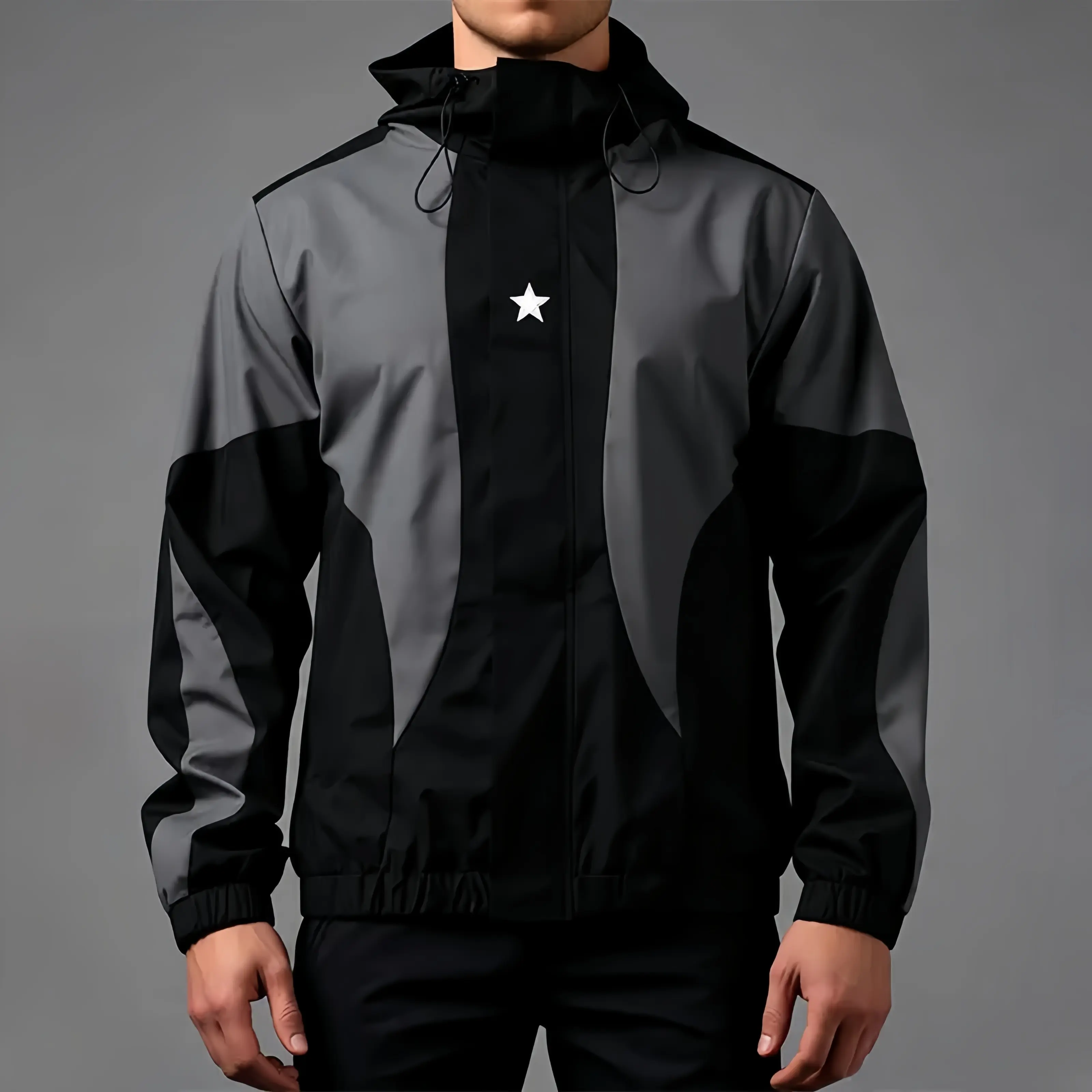 Men's Techwear Look Hooded Jacket - Black Grey Contrast Splice Design, Back Reflected Stars Graphic, Long-Sleeve Polyester Blend Outer Coat for Street, Casual Outdoor Wear