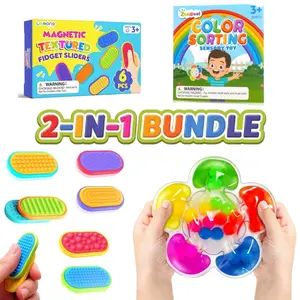 Lesong 2-in-1 Sensory Toys Bundle: 6pcs Textured Magnetic Sliders & Color Sorting Board, Calm Down Montessori Educational Game for Toddlers Kids Adults Stress Relief