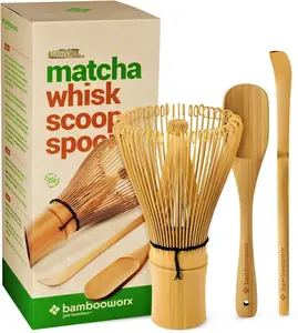 Matcha Whisk Set - (Chasen), Traditional Scoop (Chashaku), Tea Spoon. The Perfect Sets to Prepare a Traditional Cup of Japanese Tea, Handmade from 100% Natural Bamboo