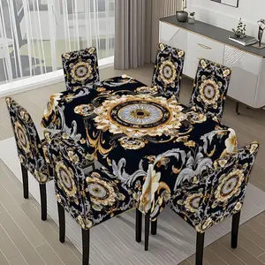 5/7-piece 2D Flat Printing Black Gold White Floral Pattern Printing Pattern Rectangle Tablecloth and Chair Cover Set, for dining table and chair decoration, perfect for home, holiday gatherings, restaurants, and parties, Slipcover
