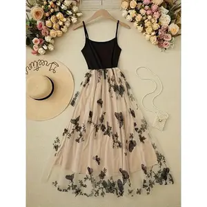 Elegant Women's Lace & Tulle Embroidered Cami Dress - Sleeveless, Backless Design with Floral Patterns, Perfect for Spring & Summer Events Casual Wear Statement Formal Womenswear