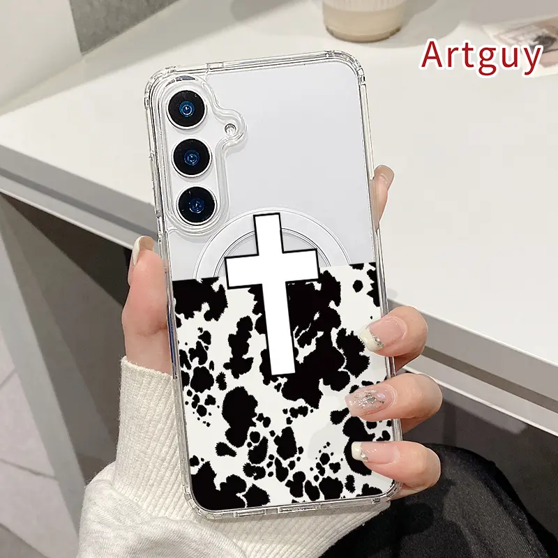 Magnetic Phone Case Supports Wireless Charging for  Samsung Galaxy S26 S23 Ultra S24 Plus FE S25 S22+ Personalised Cow Cross Pattern Anti-Yellowing Shockproof durable ultra-thin Crystal Transparent Acrylic Large Hole Cover