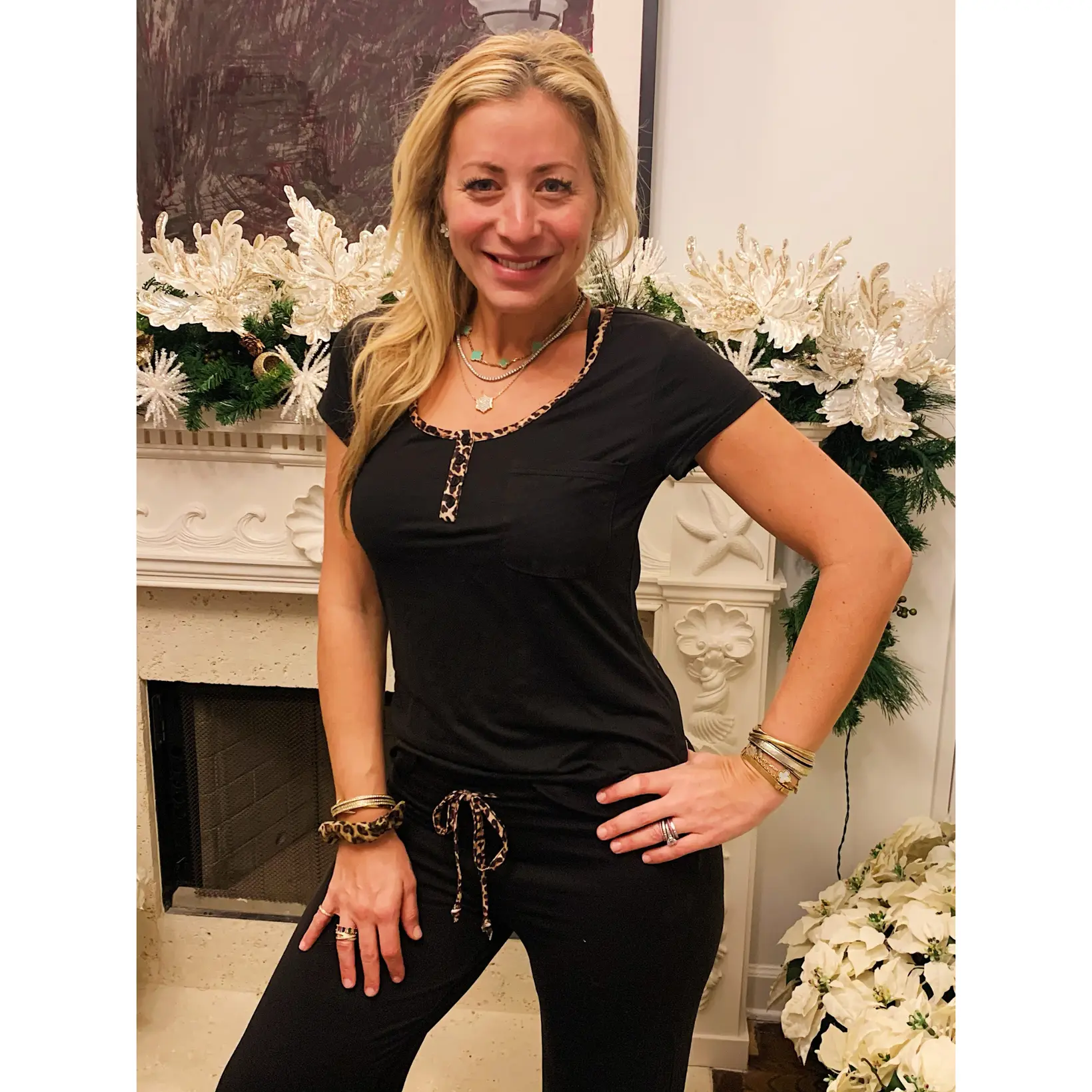 Black with Leopard Trim Short Sleeve Pajama Top