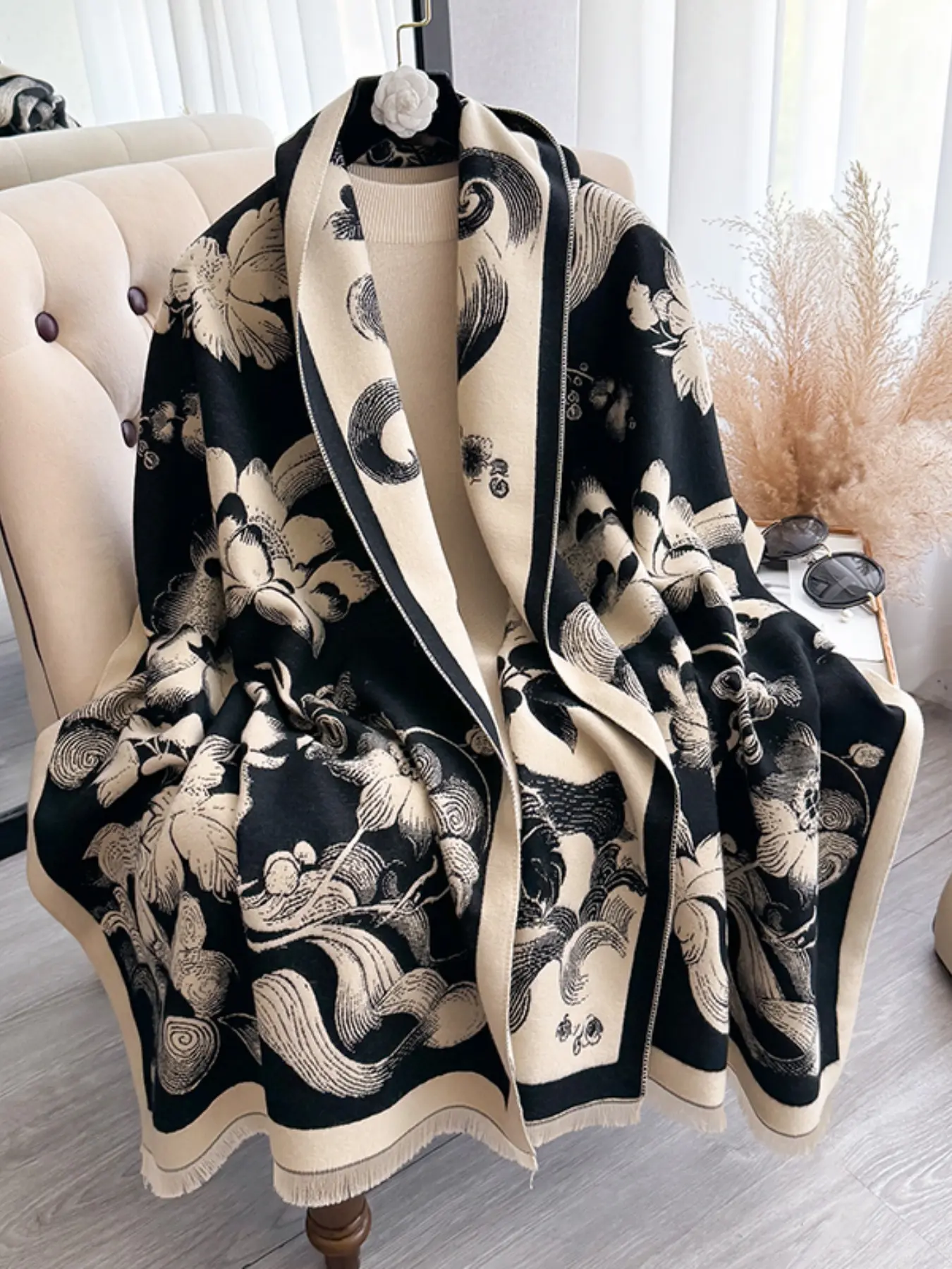 Elegant Long Fringe Detailing Scarf for Fall & Winter, Double-Sided Butterfly Print Shawl, Soft Luxurious Fashion Accessory for Women, Fringe trim shawl