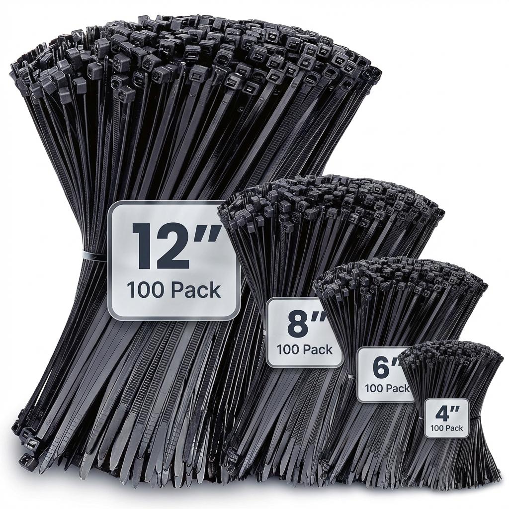 400 Pack Zip Ties Assorted Sizes (4”+6”+8”+12”), Black UV Resistant Cable Ties
