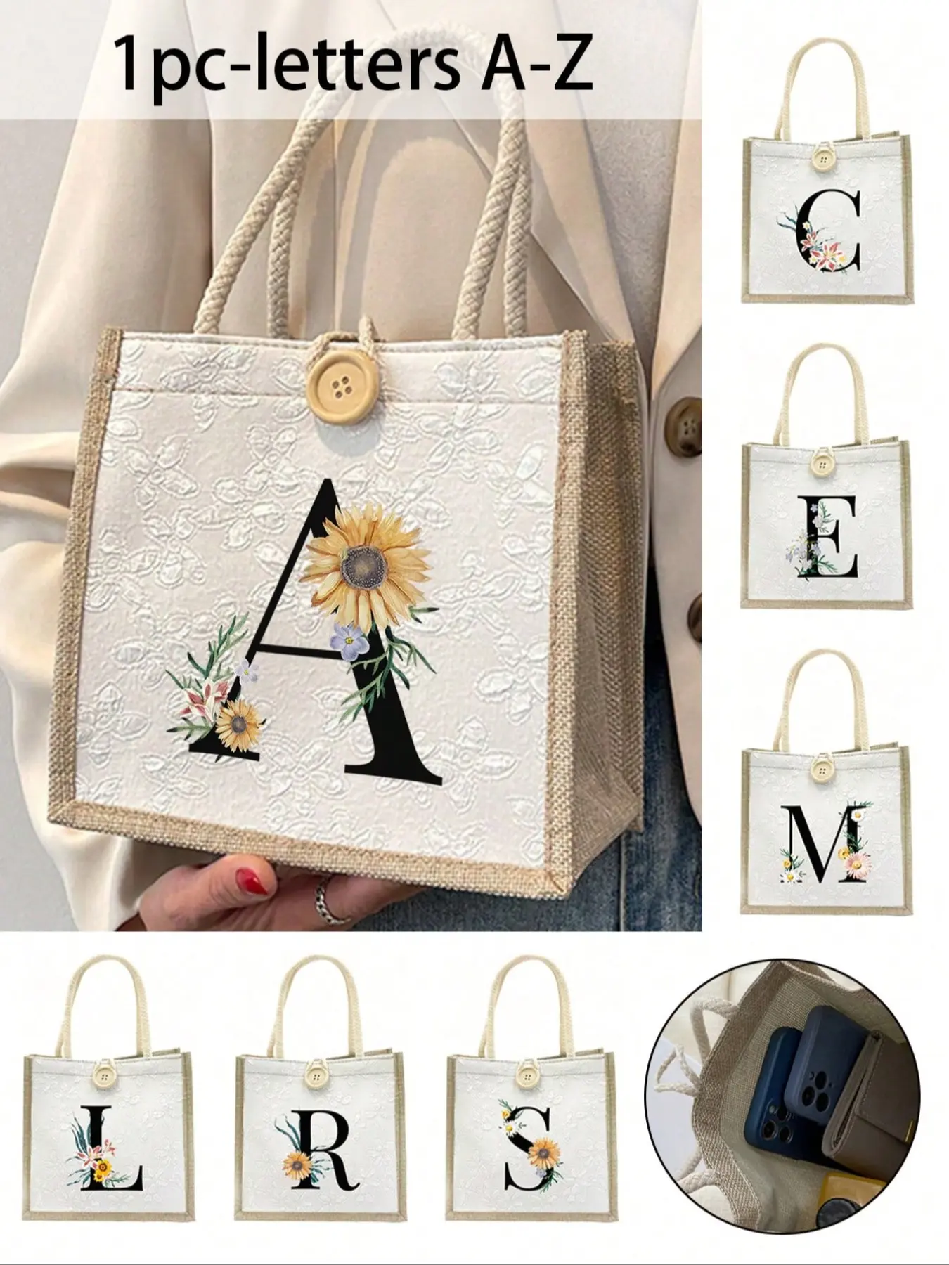 Flowers Initials A-Z Pattern Tote Bag, Small Floral Linen Button Decorative Handbag, Simple Large-Capacity Shoulder Bag, Portable Casual Storage Tote Bag, Shopping Bag, Large Capacity, Shoulder Bag, Lunch Bag, Dating, Festival, Stylish Square Bag