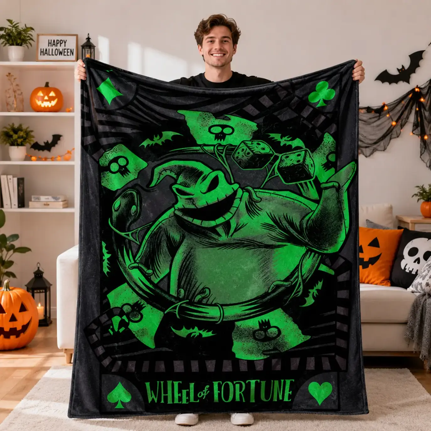 The Nightmare Before Christmas Oogie Boogie Wheel of Fortune Tarot Style Throw Blanket Soft Cozy Plush Lightweight Bed Blanket, Blankets for Couch Sofa, Bedroom Decor, Bedding, Bed Accessories, Halloween Gifts for Fans Adults Teens