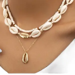 Surfer Necklace with Adjustable Cowrie Shell, Beads and Pendant