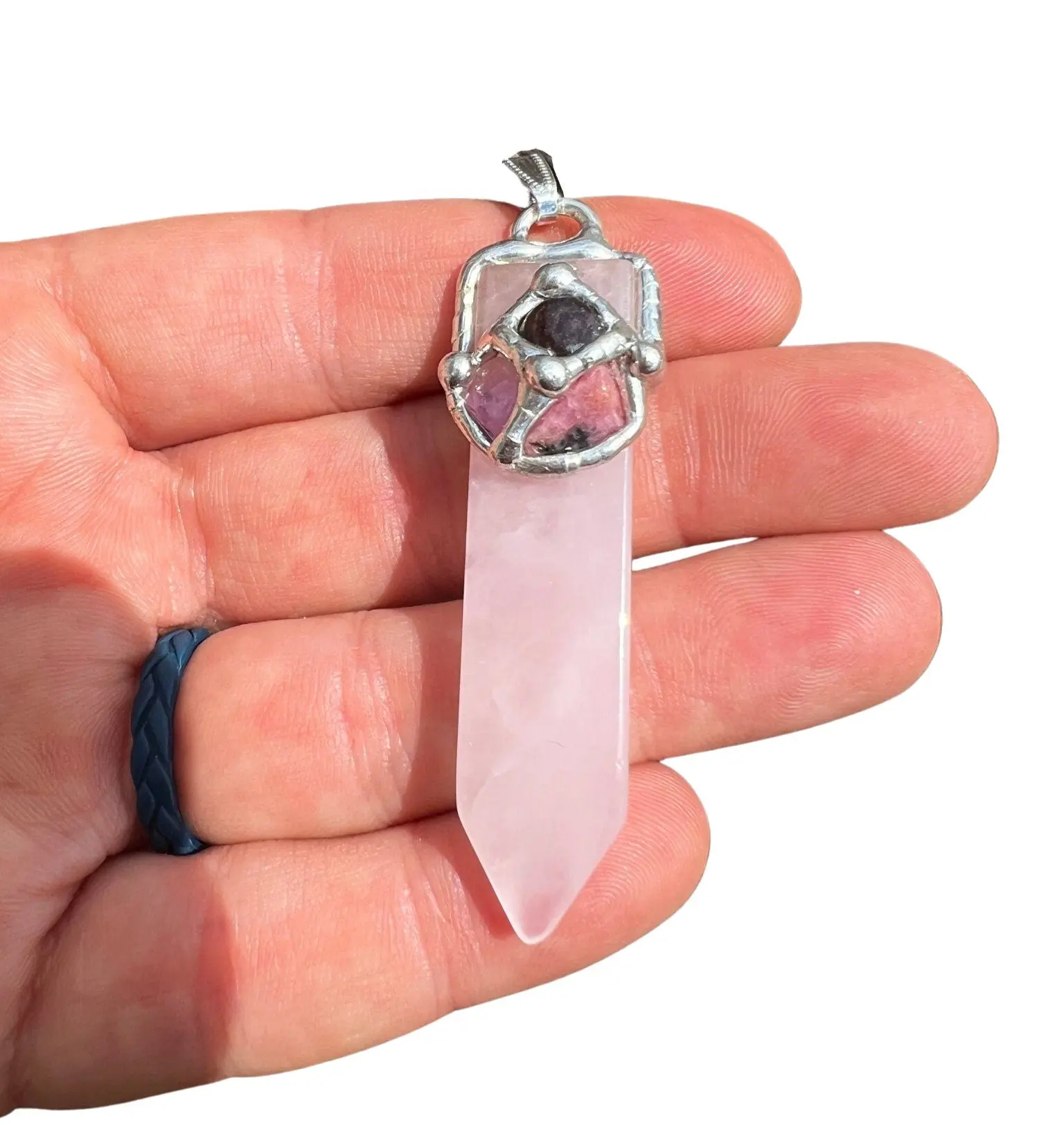 Soulmate Blade Amulet Pendant (Love & Happiness) Pendant with Black Satin Cord, Rose Quartz, Rhodonite, Amethyst, Garnet