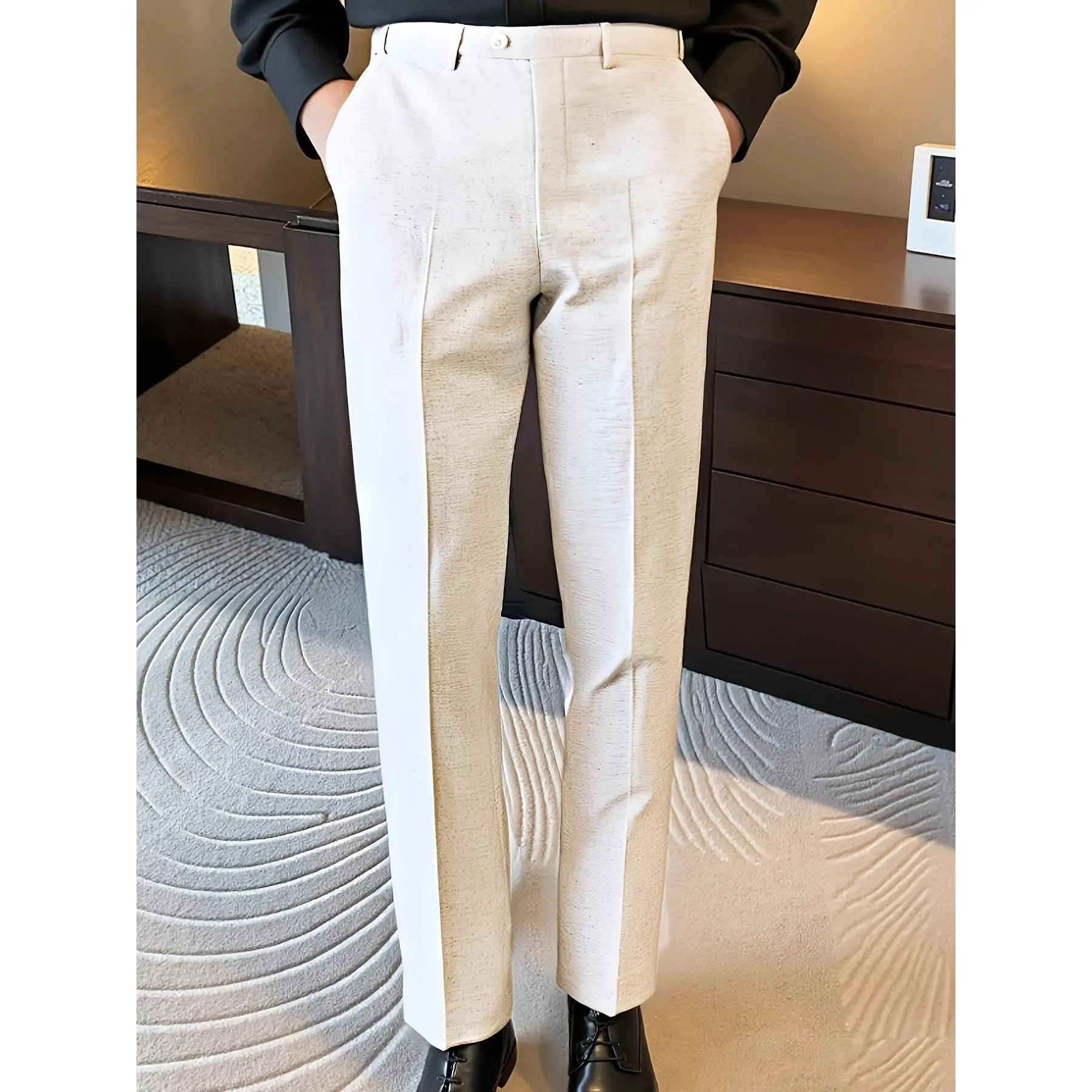 Men's Classic Fashion Casual Straight-Leg Pants, Mid-Waist Comfortable Cotton-Linen Trousers with Elasticized Waistband, Ideal for Daily Wear, Outdoor Activities, Weekend Outings