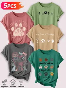 5Pcs Women's Crew Neck T-Shirt, Dog Paw Print Heart Slogan Print, Multiple Colors Available, Machine Washable, Spring & Summer Tops, Soft Skin-Friendly Fabric, Daily Versatile, Fashion Design