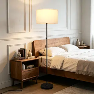 Modern Floor Lamp with Linen Shade 143 8cm Tall Standing Floor Light for Living Room Bedroom E26 Base 34cm Diameter 22cm Height Black Metal Pole Lamp