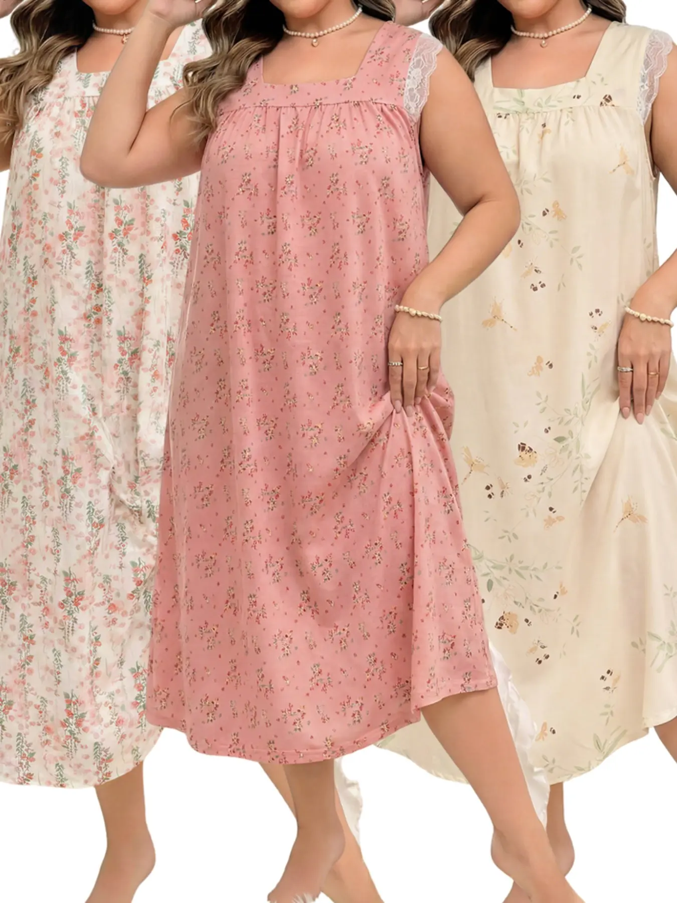 Women's Floral Vine Ditsy Floral Lace Trim Sleepwear Set, Loose Fit Summer Nightgown, Princess Style Elegance Home Wear, Plus Size Comfortable Loungewear, Stylish Nightwear, Sleepwear Homewear Clothes