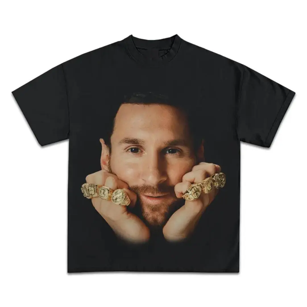 Menswear Graphic Short-Sleeve T-Shirt - Messi Football Star Print, Relaxed Fit, Hem Detail, Unisex Oversize Tee