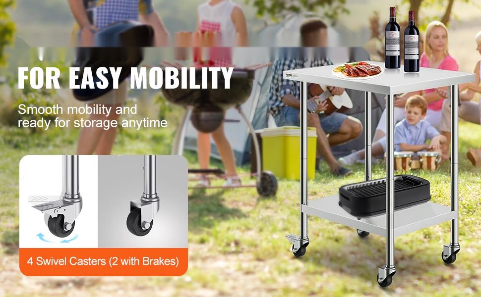 Stainless Steel Work Table With 4 Locking Wheels, 24 X 30 X 38 Inch, Three Adjustable Height Levels, Heavy Duty Food Prep Table For Commercial Kitchen, Restaurant Use, Silver Finish Stainless Steel Work Table With 4 Locking Wheels, 24 X 30 X 38 Inch, Three Adjustable Height Levels, Heavy Duty Food Prep Table For Commercial Kitchen, Restaurant Use, Silver Finish