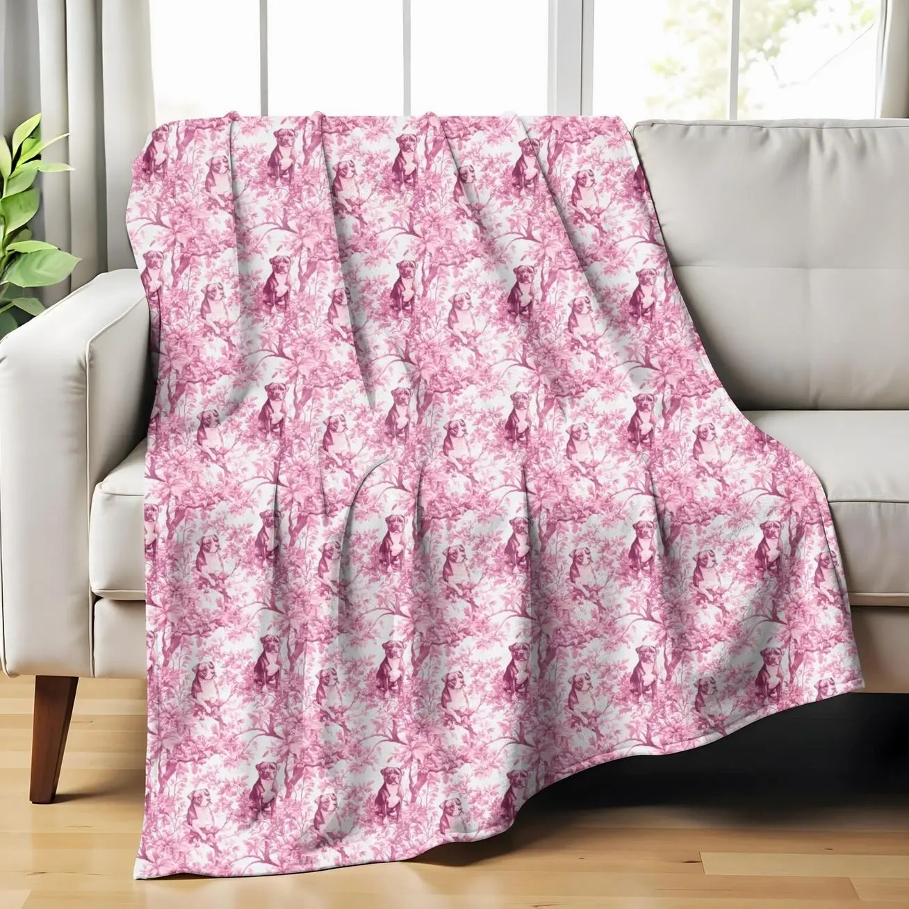 Pitbull Pink French Toile Blanket, Dog Coquette Toile Throw Blanket for Pittie Lovers, Toile de Jouy Gift for Dog Lover Dog Mom Cozy Blanket