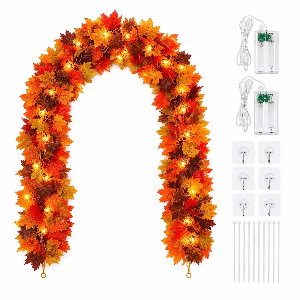 2Pack Fall Decor Enlarged Maples Leaves Lights Total 11.48FT 40LED | Upgraded Material, fall garland，Brighter & More Vivid Color, Fall Decorations for Home Battery Operated Autumn Garland Lights Waterproof Indoor Outdoor Halloween Thanksgiving Decorations