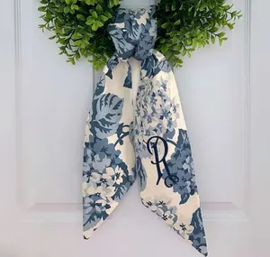 Monogram floral blue chinoiserie wreath sash for front door, personalized embroidered spring Easter wreath sash, custom wedding shower gift