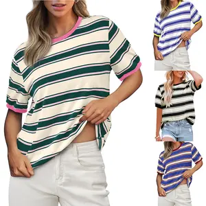 Women's Striped Crewneck T-Shirt Casual Color Block Short Sleeve Tee Loose Fit Cotton Summer Tops