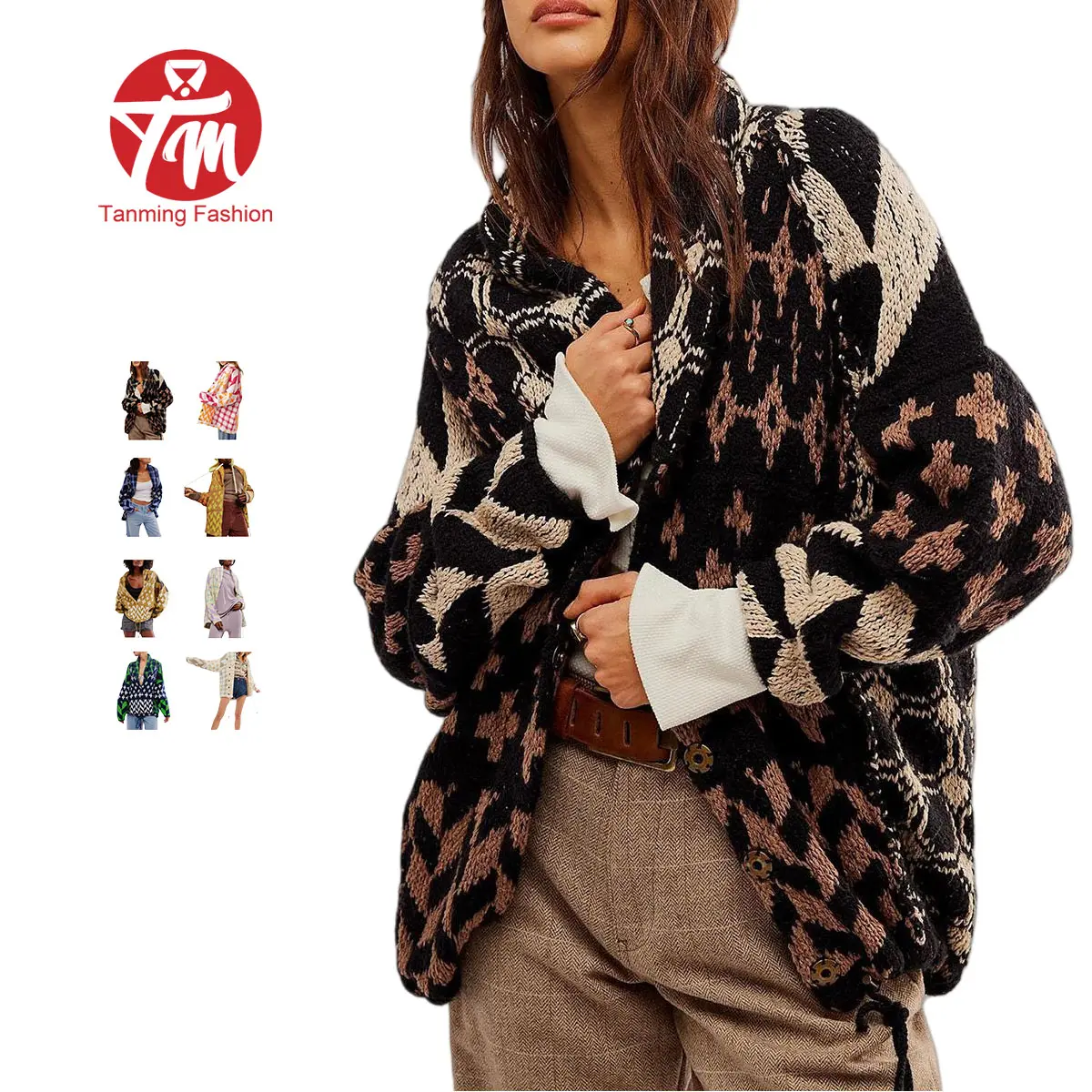 Tanming Women's TikTokShopBlackFriday Oversized Geometric Checkered Cardigan Sweater Long Sleeve Drop Shoulder Chunky Knit Plaid Shawl Collar Coats Y2k Print for Autumn Winter Casual Wear Polyester Material Breathable Fit Medium Tops,summerwins Lightweigh