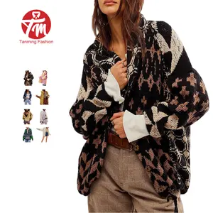 Tanming Women's TikTokShopBlackFriday Oversized Geometric Checkered Cardigan Sweater Long Sleeve Drop Shoulder Chunky Knit Plaid Shawl Collar Coats Y2k Print for Autumn Winter Casual Wear Polyester Material Breathable Fit Medium Tops,summerwins Lightweigh