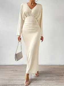 V Neck Batwing Sleeve Ruched Waist Long Dress, French Elegant Style, Drapey Stretch Elastic Fabric, Fit, Slimming Effect, Perfect for Birthday & Date