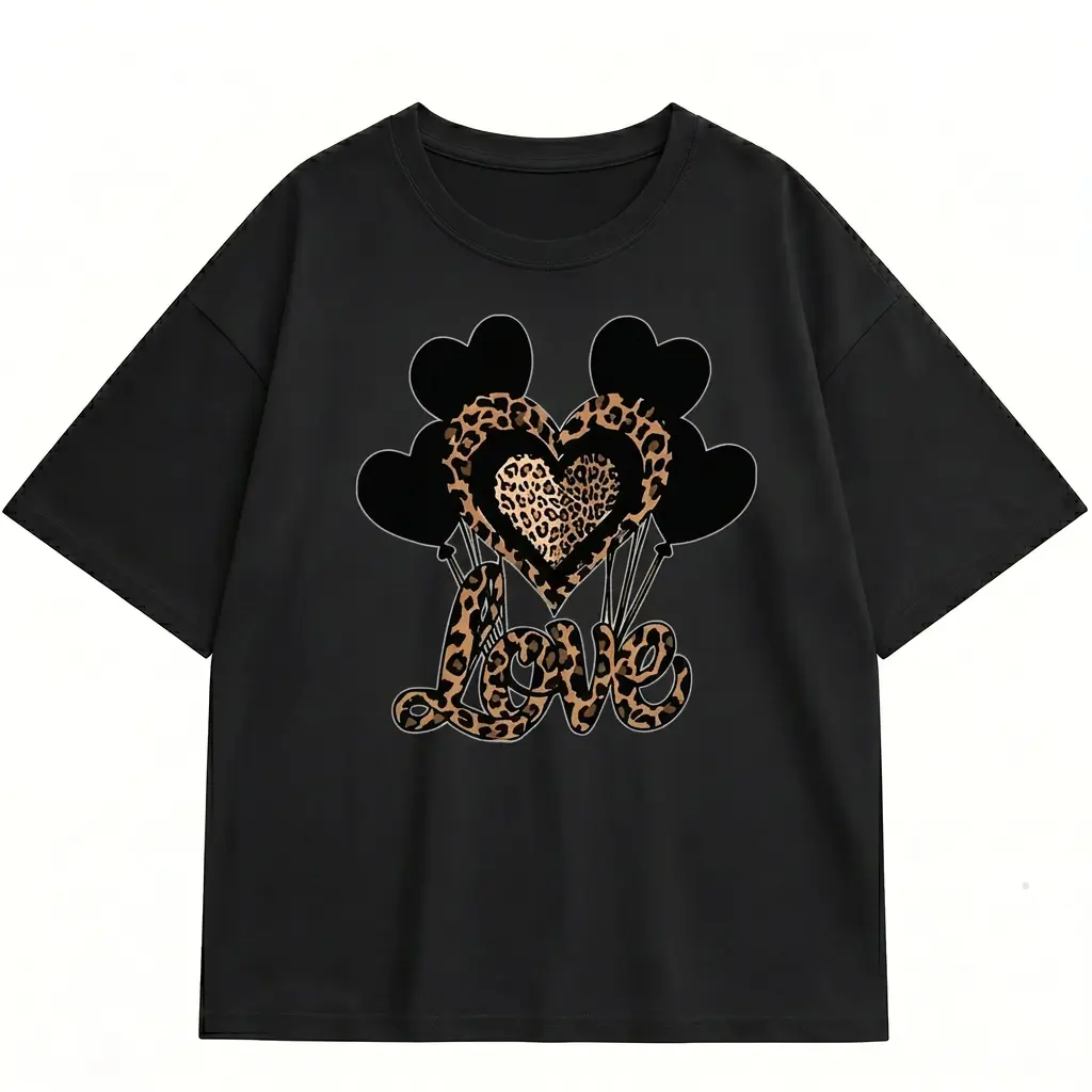 Love Heart Tshirt Leopard Print Graphic Tee Womenswear Summer Casual Shortsleeve Wild Romantic Heart Balloon Design Gift For Her Oversized Comfy Top