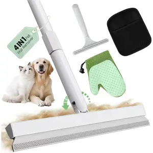Carpet Rake for Pet Hair Removal Tool - 4 in 1 Pet Hair Remover Kit for Dog Cat Fur Remover, Contain 60" Adjustable Rubber Broom, Glove, Magic Brush and Scraper for Furniture, Short Pile Carpets, Mats